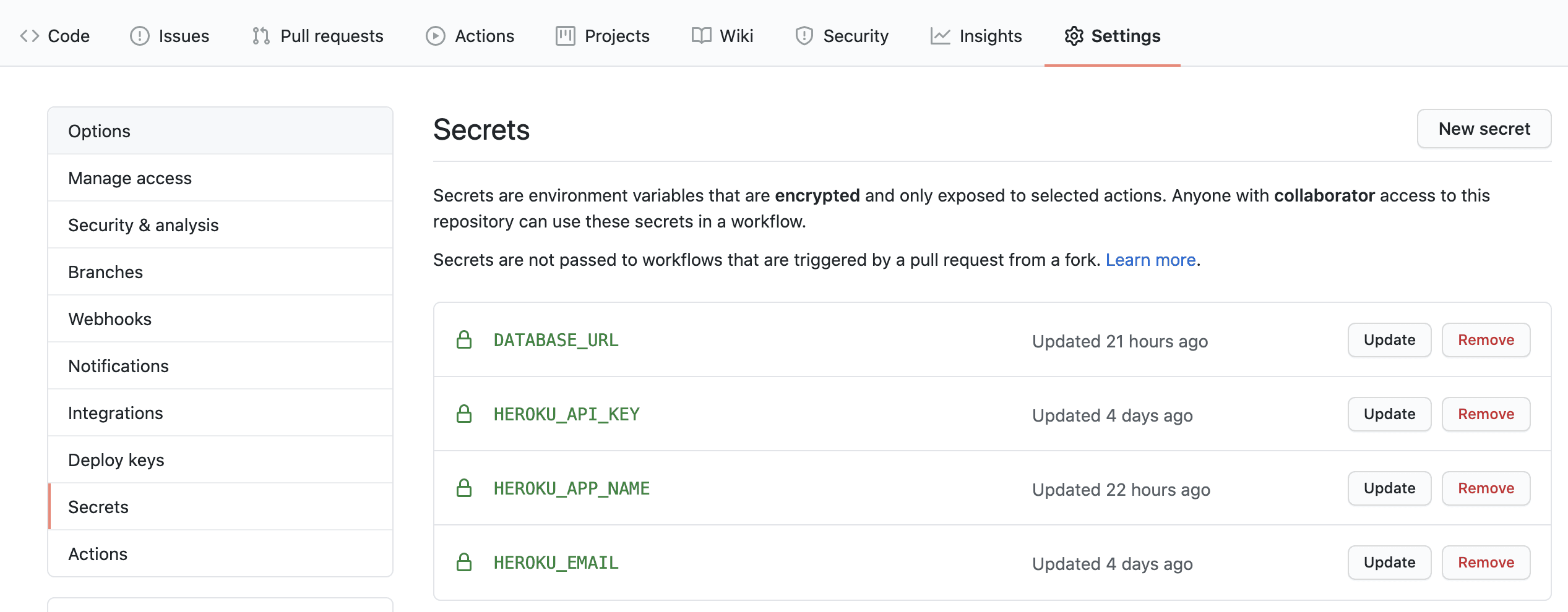 GitHub repository secrets