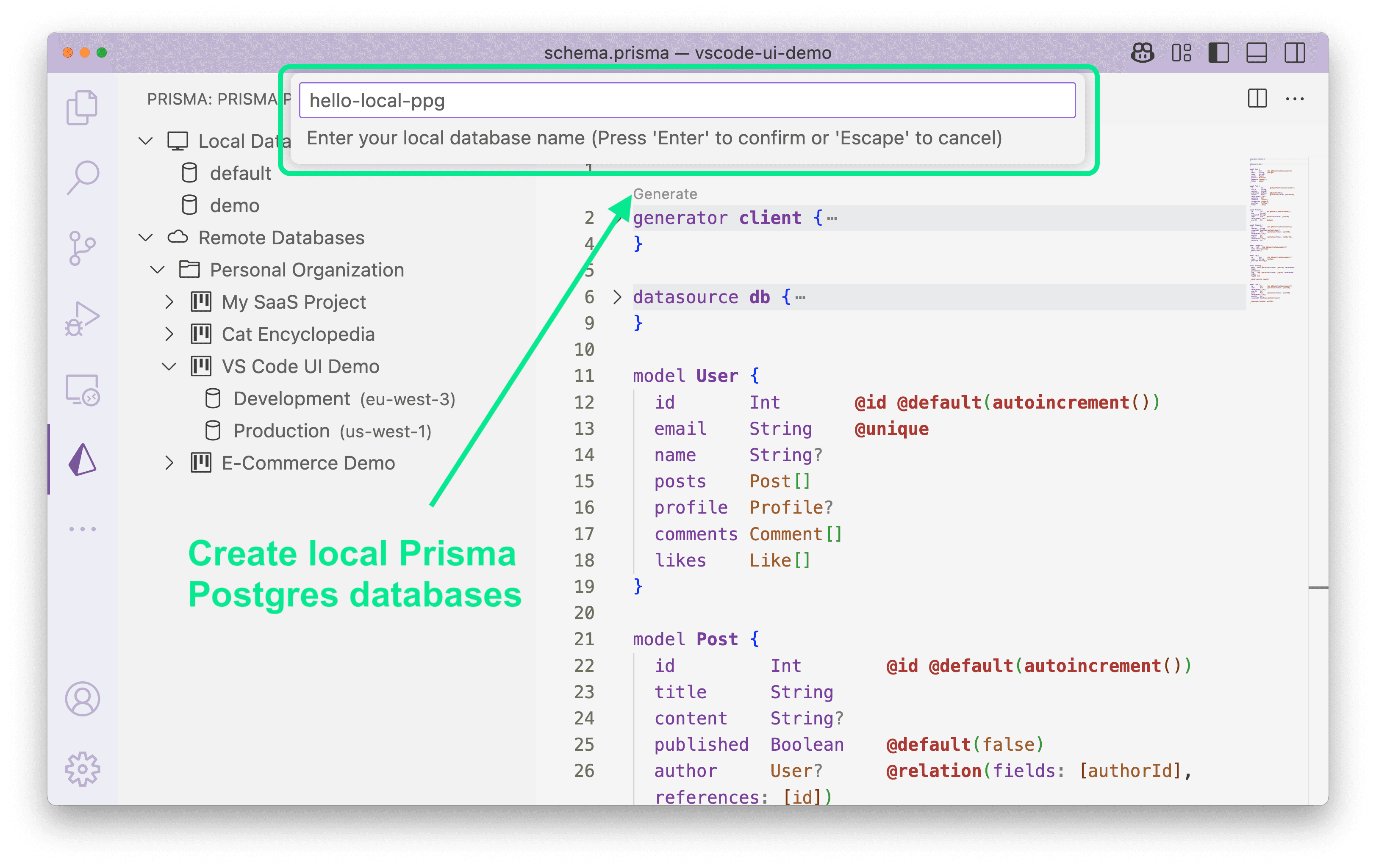 VS Code database UI showing multiple local Prisma Postgres instances