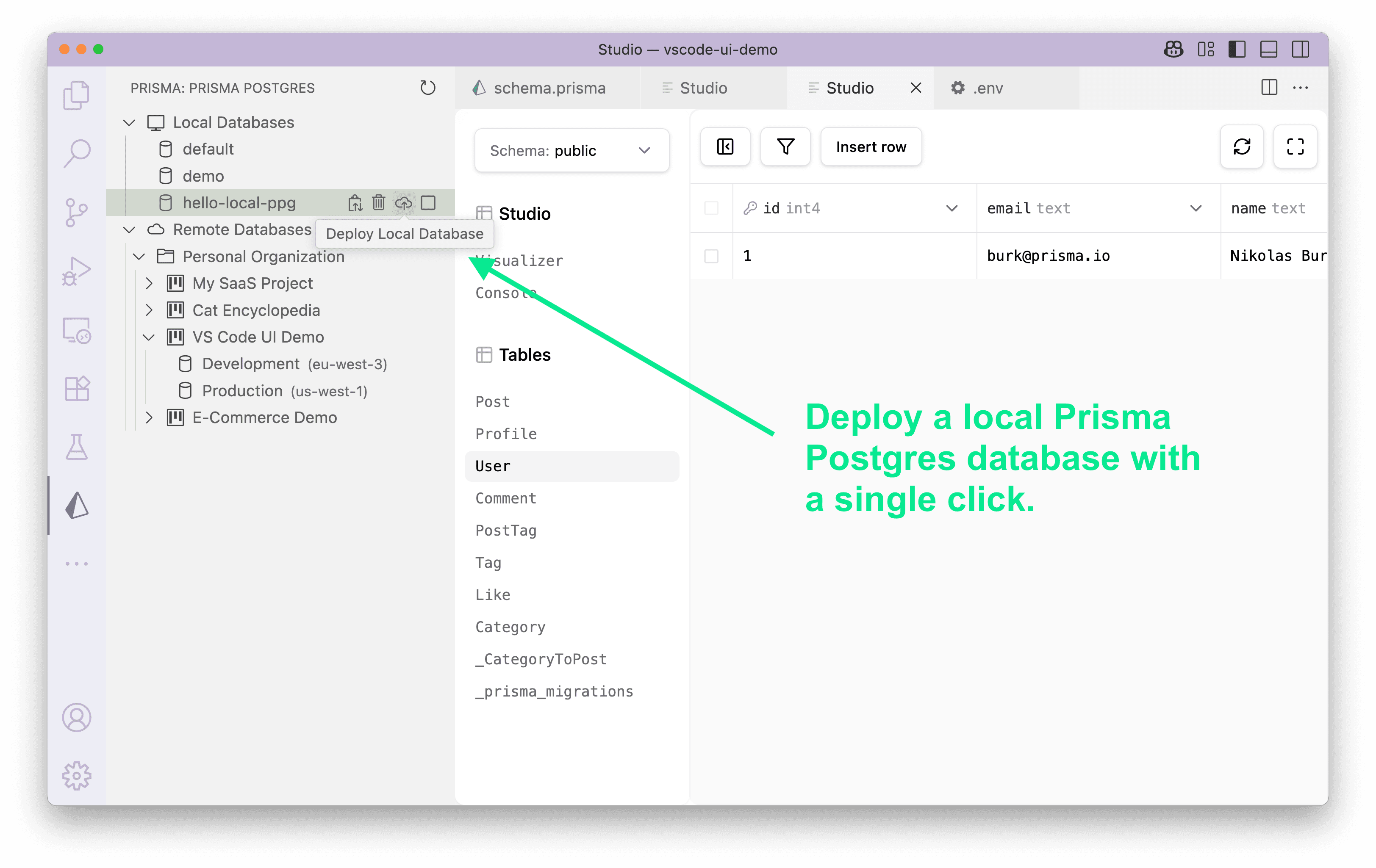 VS Code Push to Cloud flow for a local Prisma Postgres instance