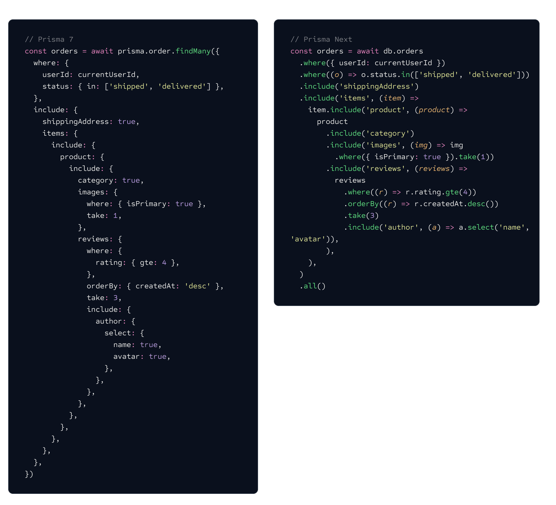 Prisma 7 query vs Prisma Next query
