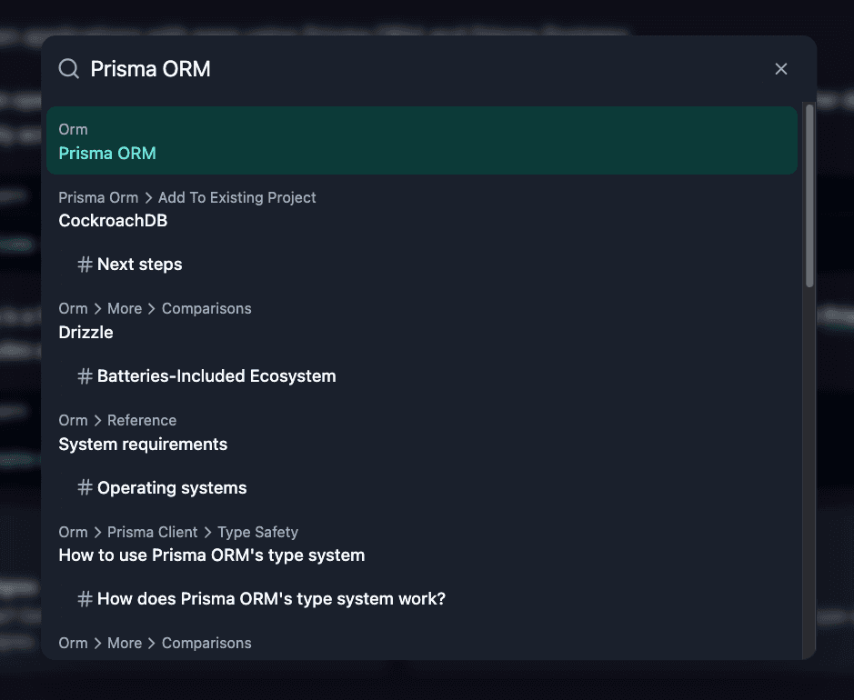 screenshot of the docs search