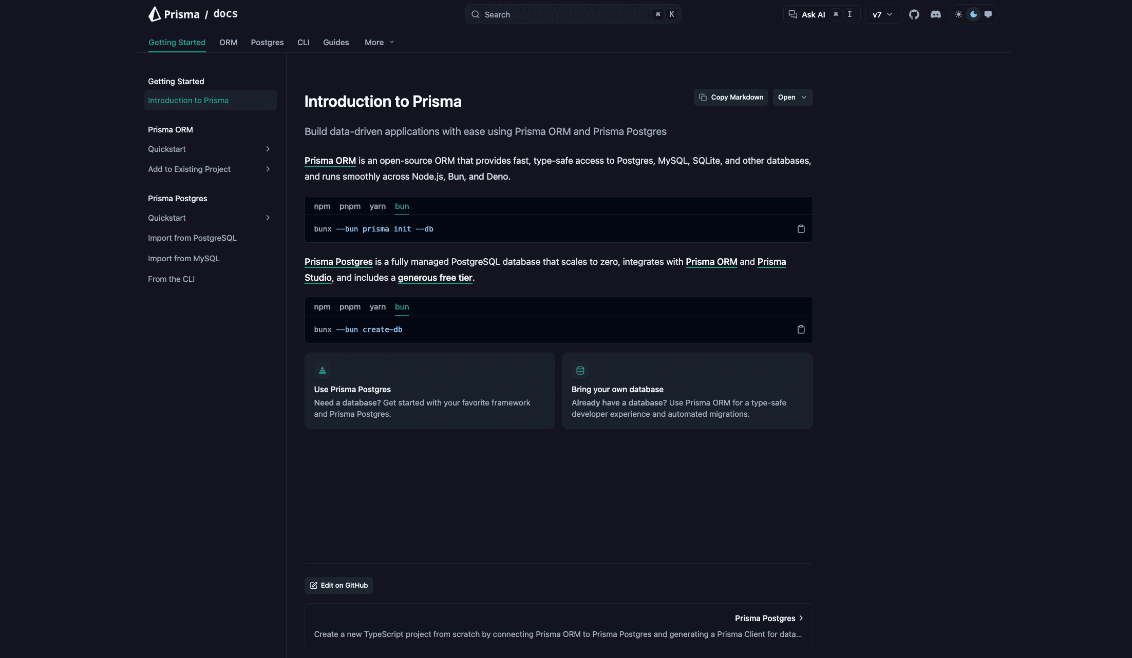 screenshot of the docs homepage