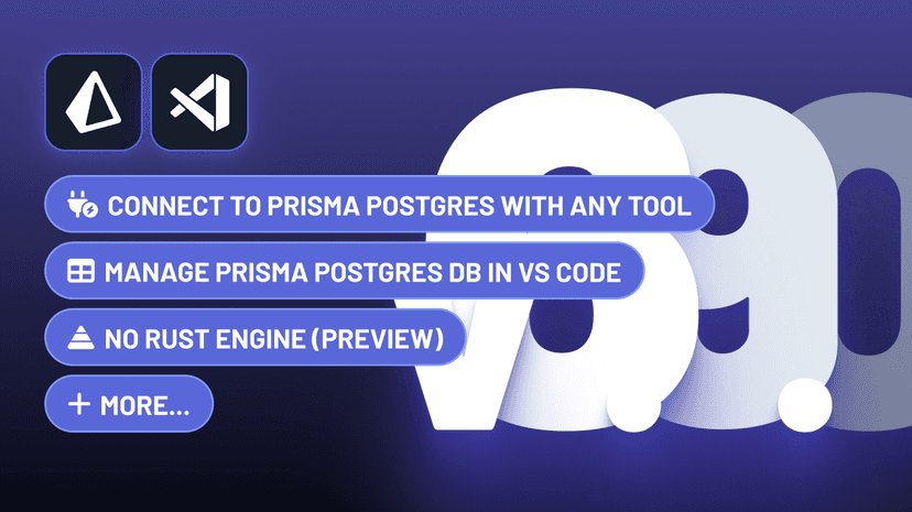 Prisma 6.9.0 release graphic showing key updates: connect to Prisma Postgres with any ORM, manage databases in VS Code, preview Prisma ORM without Rust engine, and more.