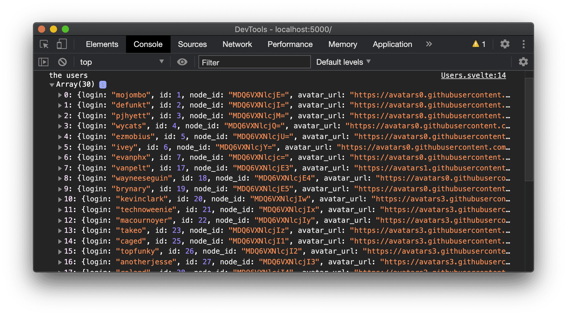 Svelte app running at http:./imgs/svelte-typescript-1.png)
Note: If you already have an existing Svelte project and you would like to use TypeScript in it, follow these instructions.
Build a Users Component
Let's start building out the app by creating a component to show some users from GitHub.
Create a file in the /src directory called Users.svelte. Inside, add a script block with a function to get some users from the GitHub API. Be sure to opt-into TypeScript with the lang attribute.
<script lang="ts">
async function getUsers() {
const res = await fetch('https://api.github.com/users');
const users = await res.json();
console.log('the users', users);
if (res.ok) {
return users;
} else {
throw new Error(users);
}
}
getUsers();
</script>In App.svelte, import and use the Users component so we can see the results from the API call logged to the console.
<script lang="ts">
import Users from './Users.svelte';
</script>
<main>
<Users />
</main>Refresh the page to make sure the results come through.
![GitHub users data being resolved from an API call