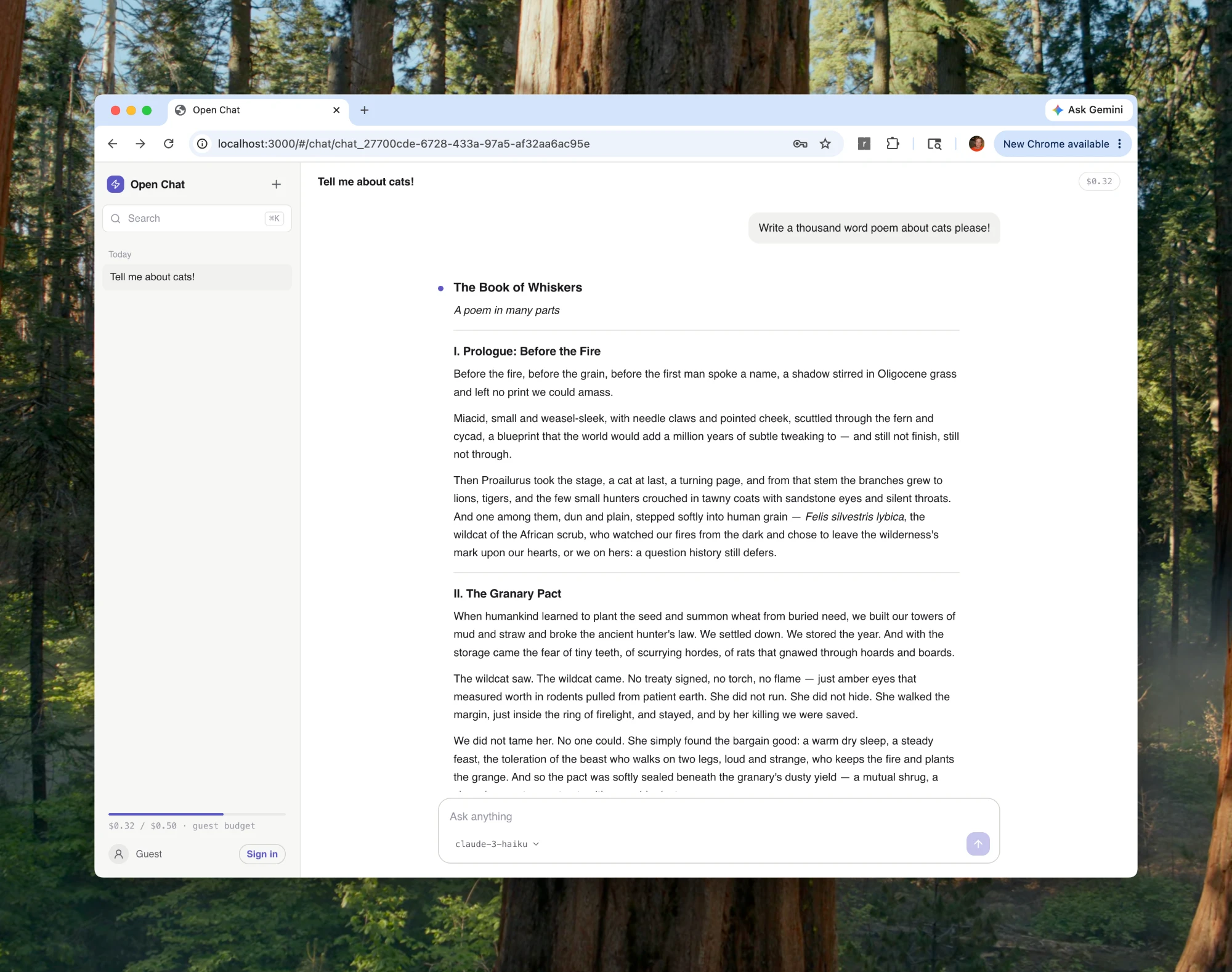 Open Chat running locally: a streaming markdown answer, a chat sidebar, and a guest session with no sign-up required