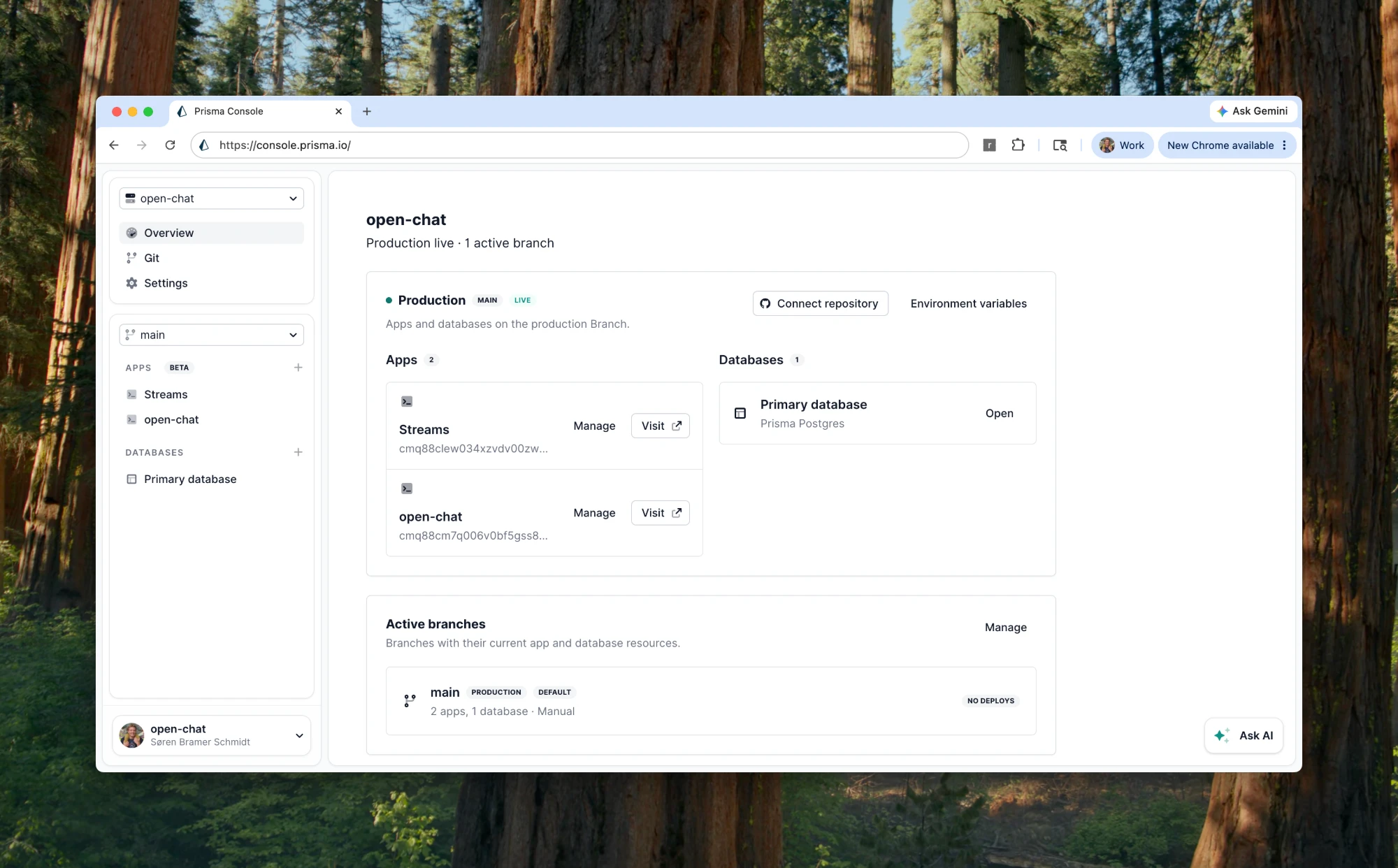 The whole production setup in the Prisma Console: the open-chat project on its main branch, with the Streams app, the open-chat app, and the primary database