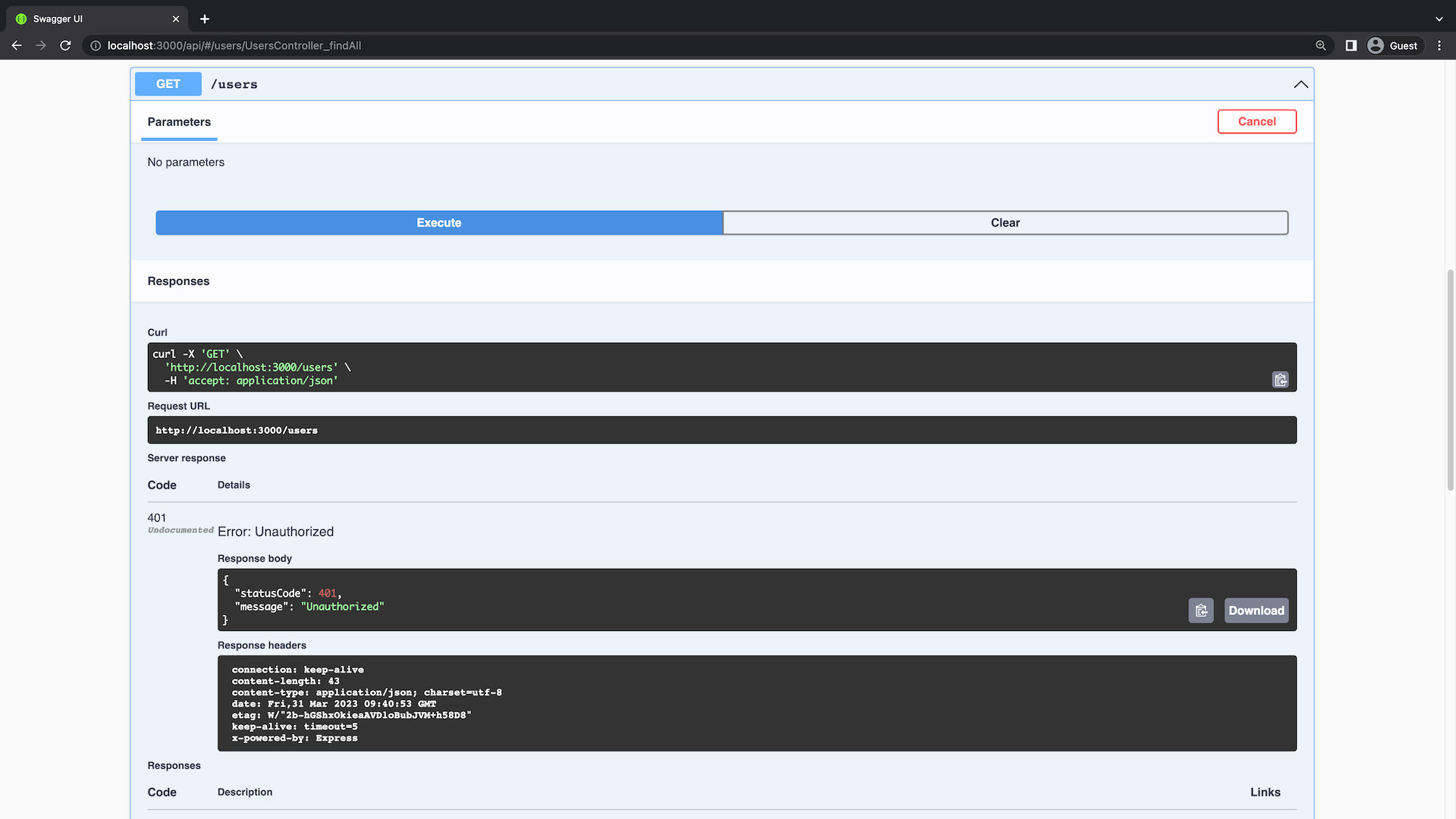 GET /users endpoint gives 401 response