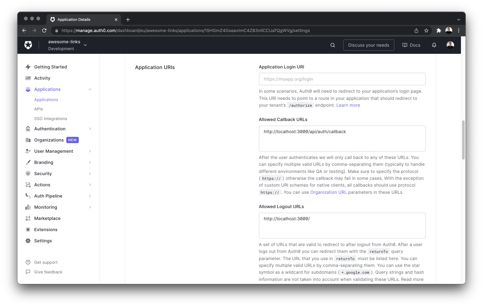 Auth0 app configuring URLs