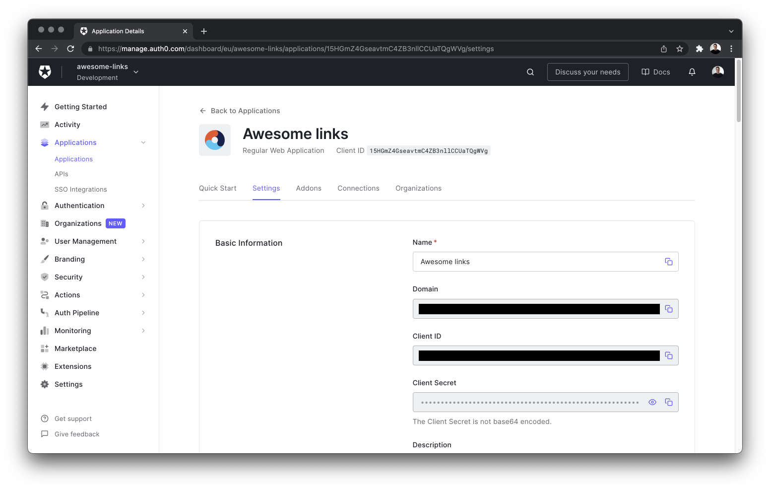 Auth0 application settings