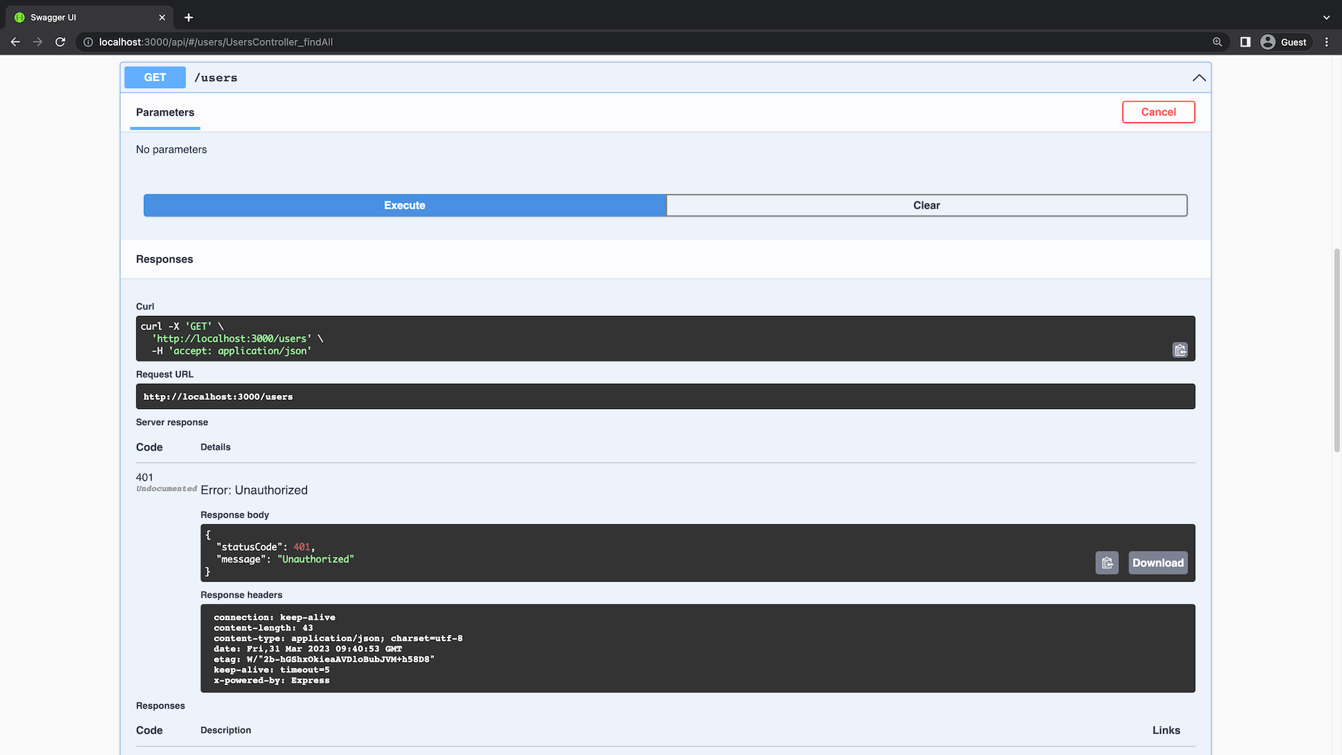 `GET /users endpoint gives 401 response