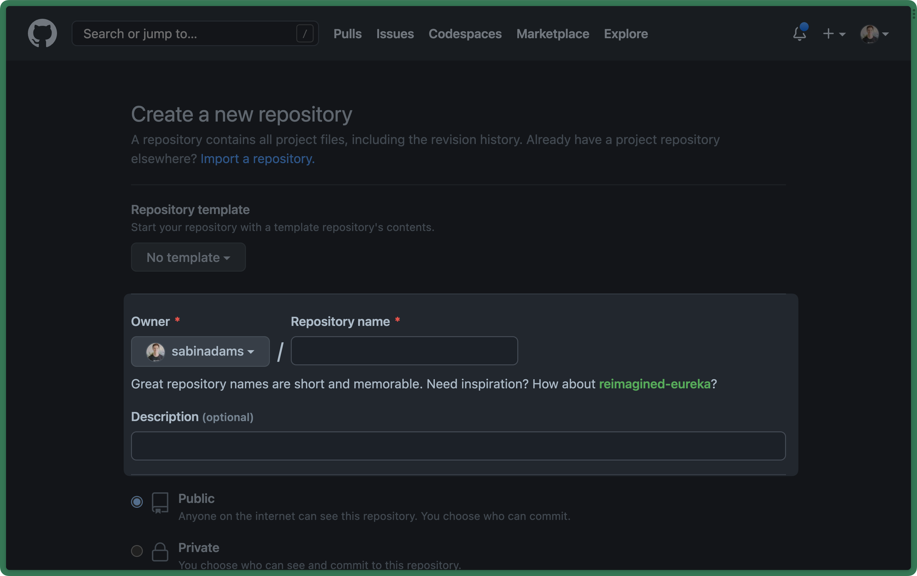 New repository form in GitHub