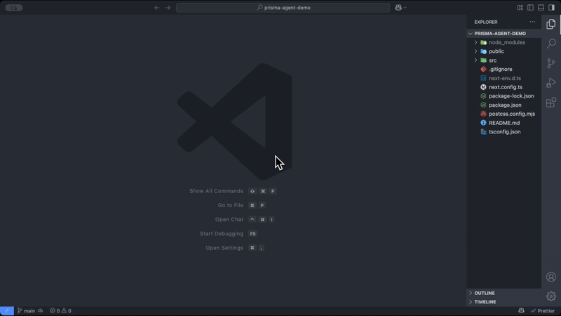 A screen-recording GIF of Visual Studio Code in a dark theme with a “prisma-agent-demo” project open. The VS Code sidebar shows project files on the right. The user opens the GitHub Copilot Chat pane, switches it to “Agent” mode, and types “Create a new database for me.” The Copilot agent runs Prisma CLI commands in the chat, provisions a new local Postgres database, writes the connection string into the .env file, and confirms success—all without leaving the editor.