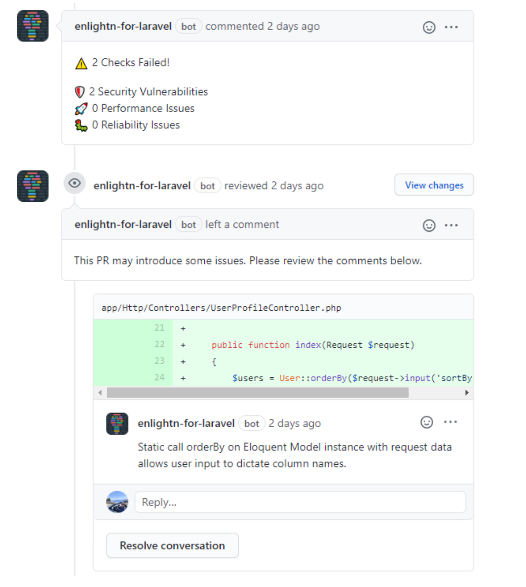 Screenshot of a pull request code review by the enlightn-for-laravel bot on GitHub. The bot flags that 2 checks have failed, reporting 2 security vulnerabilities but no performance or reliability issues. It comments on a code snippet in UserProfileController.php, warning that using orderBy with request input could allow users to inject column names dynamically, potentially leading to security risks.