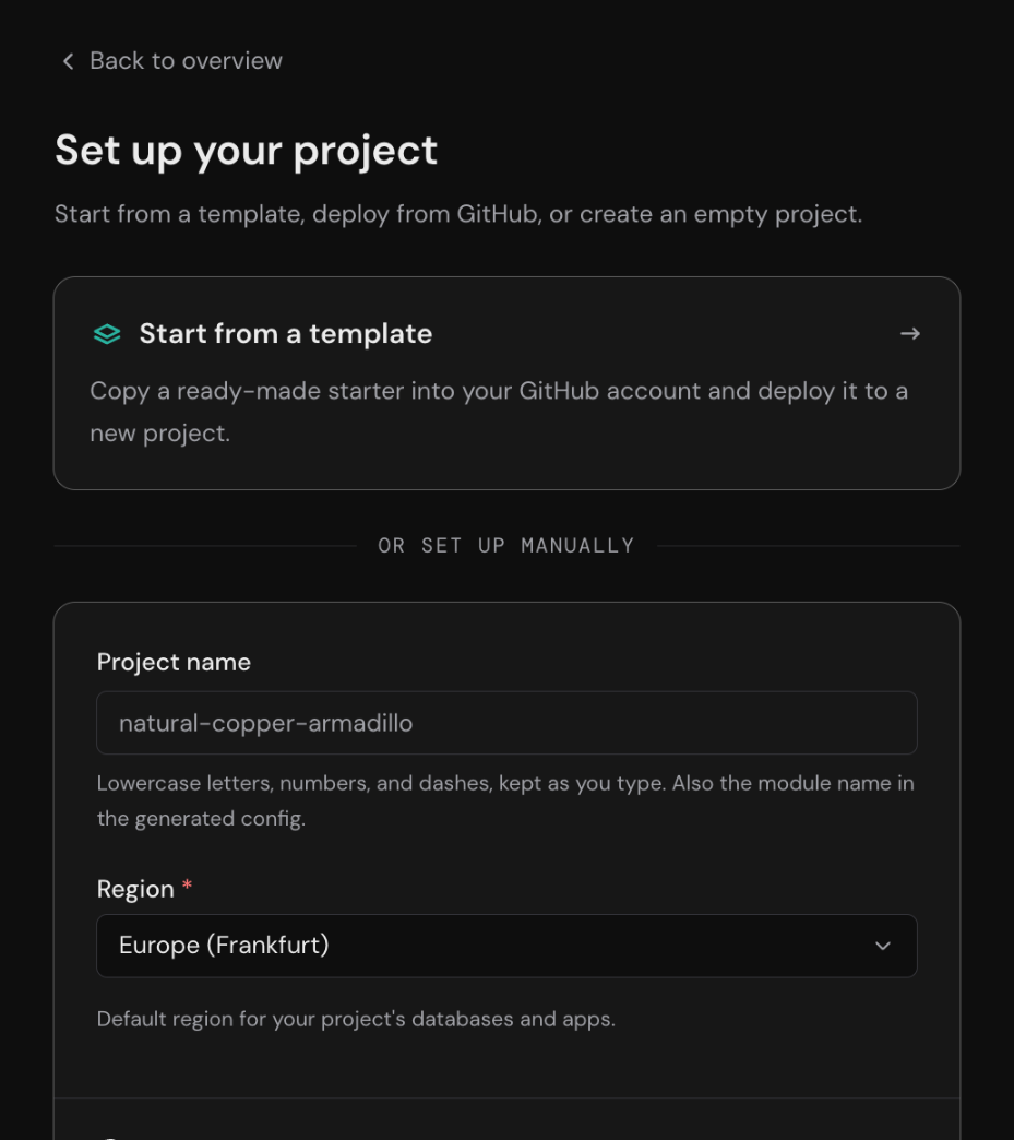 The Console's Set up your project page: start from a template, or set up manually with a project name, a region, and a repository to deploy from GitHub.