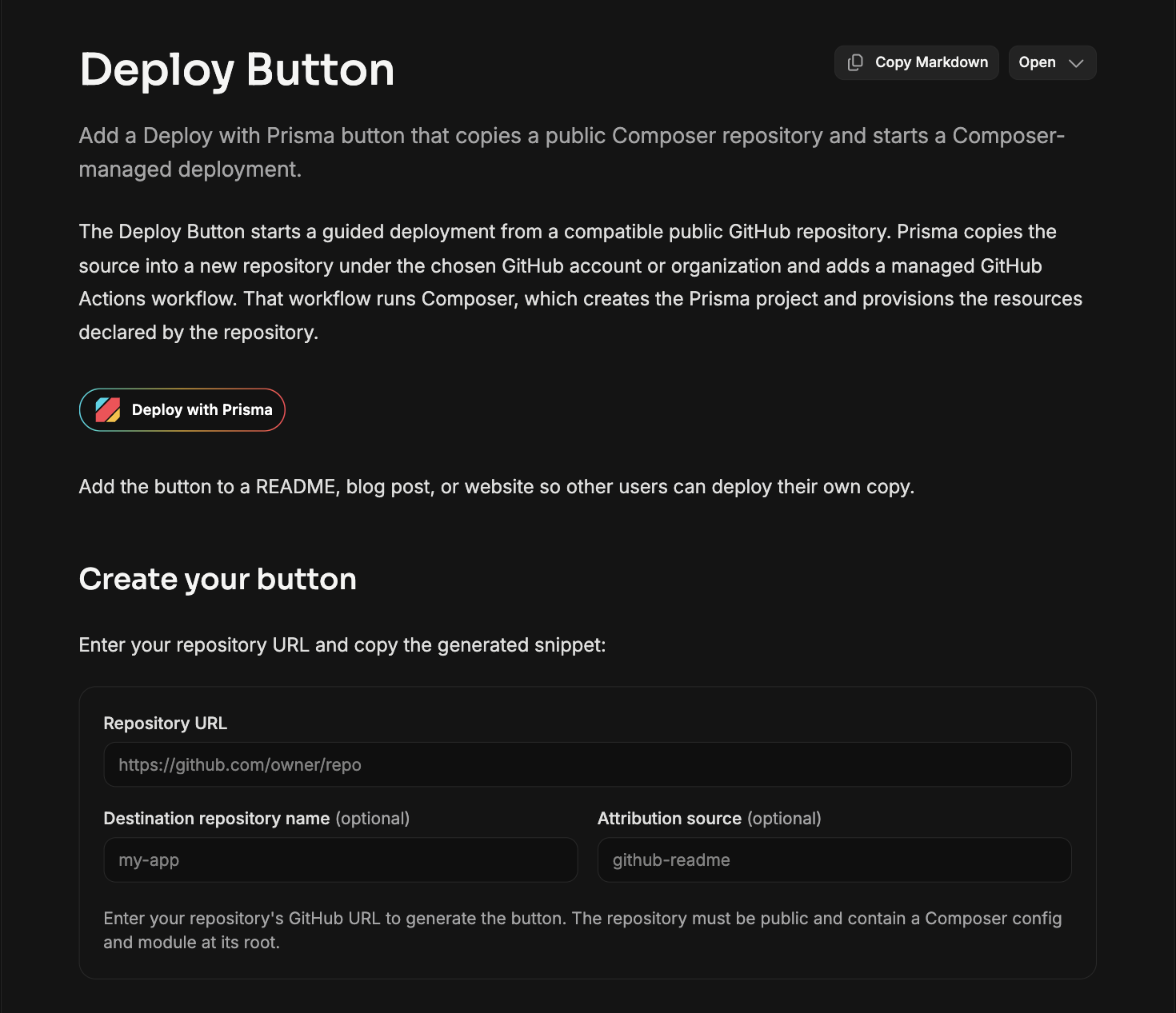 The Deploy Button generator in the Prisma docs: a repository URL field, optional destination name and attribution source, and the generated Deploy with Prisma badge.