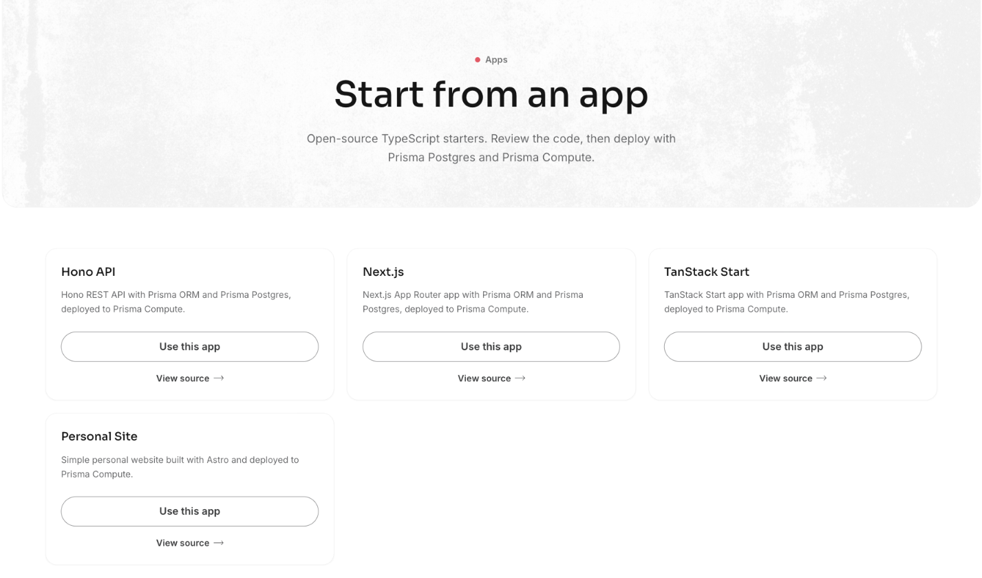 The Prisma apps directory listing open-source starters, each with a Use this app button and a link to the source.