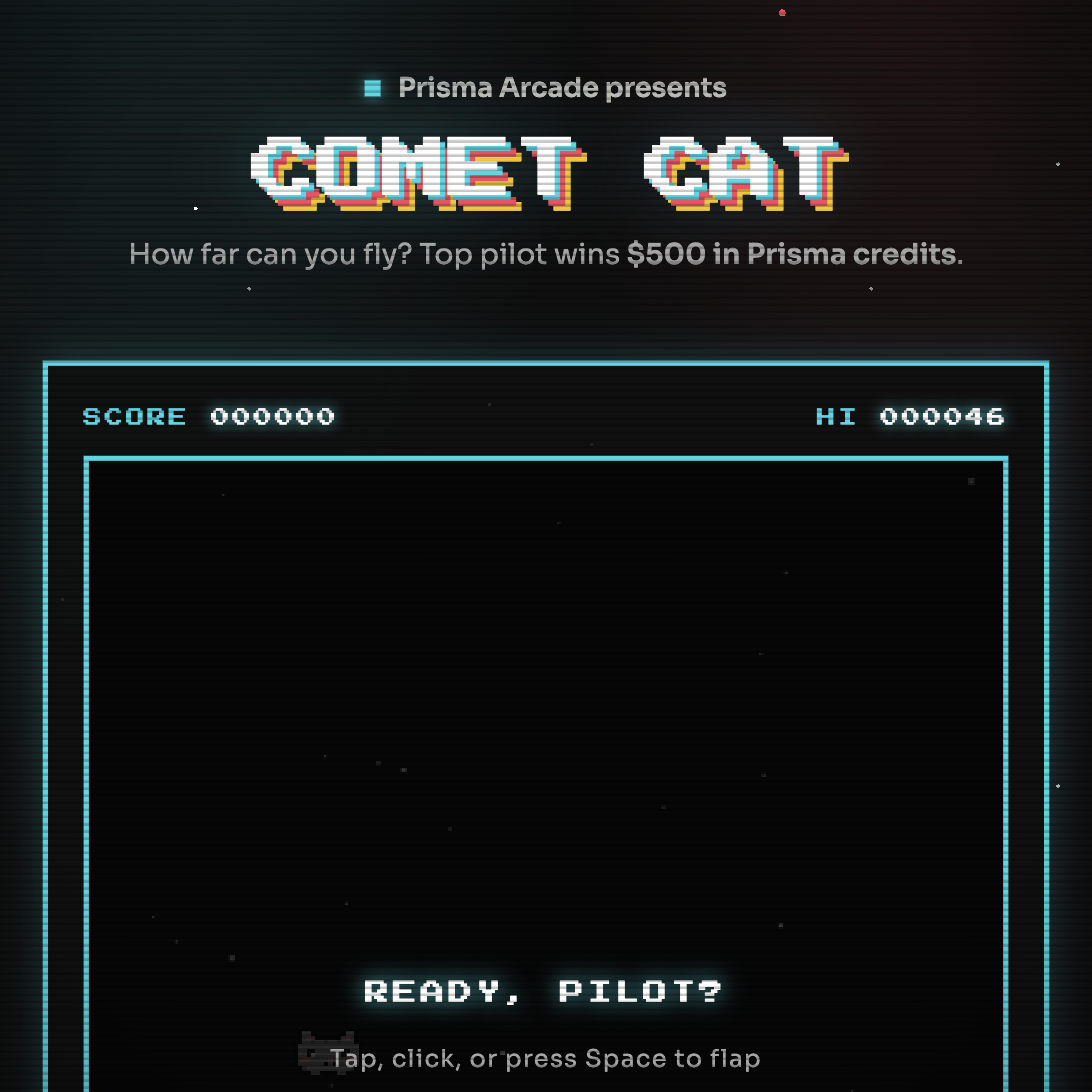 Comet Cat on Prisma Arcade: a pixel-art title screen reading Ready, Pilot? with the score and high score counters.