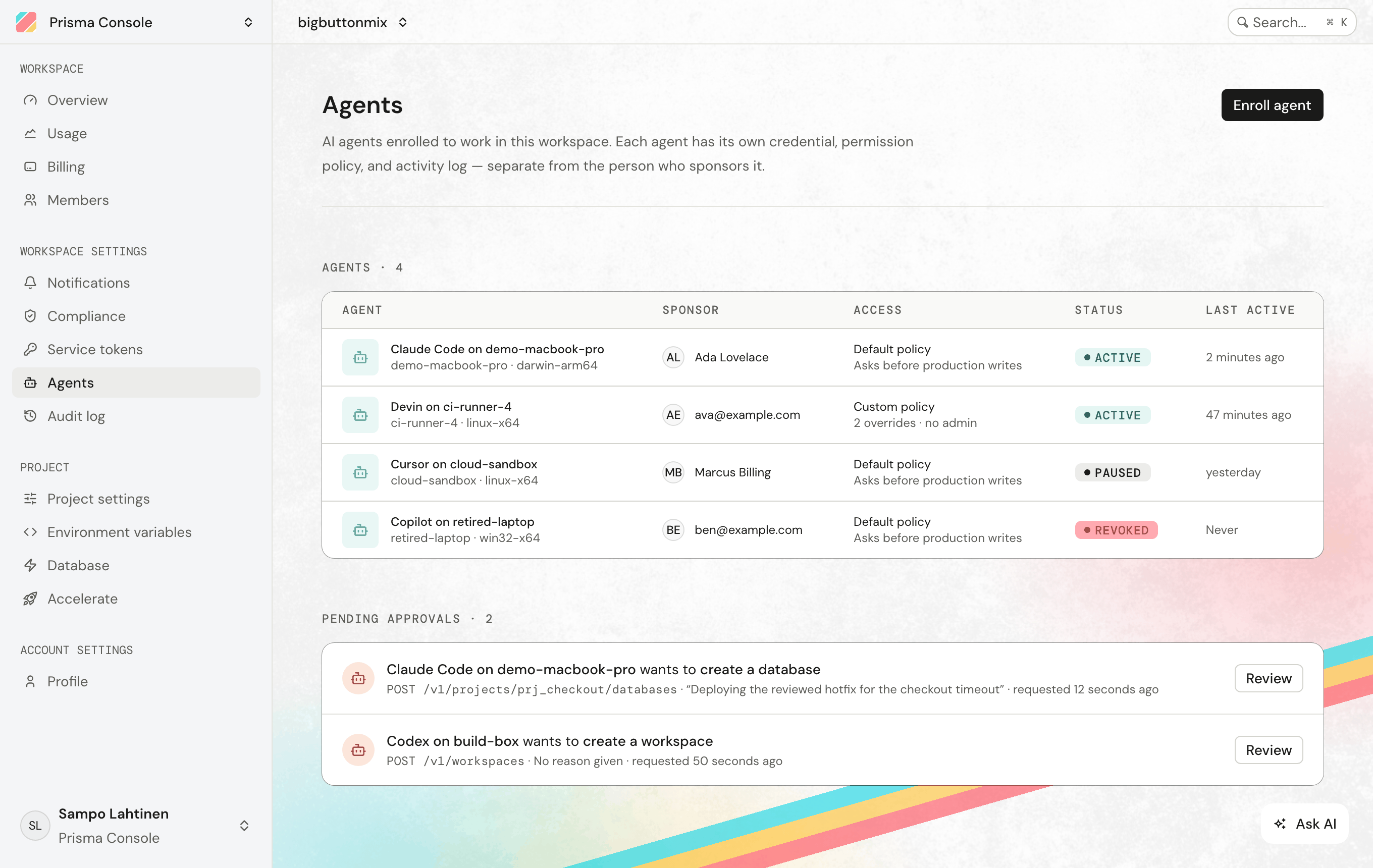 The Agents page in Prisma Console, listing four enrolled agents with the person who approved each one, its permission policy, and its status, plus two approval requests waiting for review.