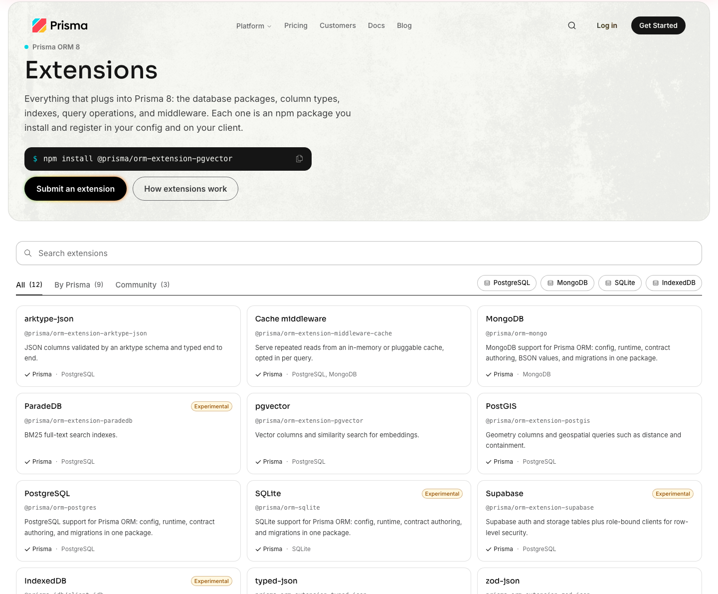 The Prisma ORM 8 extension directory: a search box, tabs for extensions by Prisma and by the community, database filters, and a card for each package with its npm name and a one-line summary.