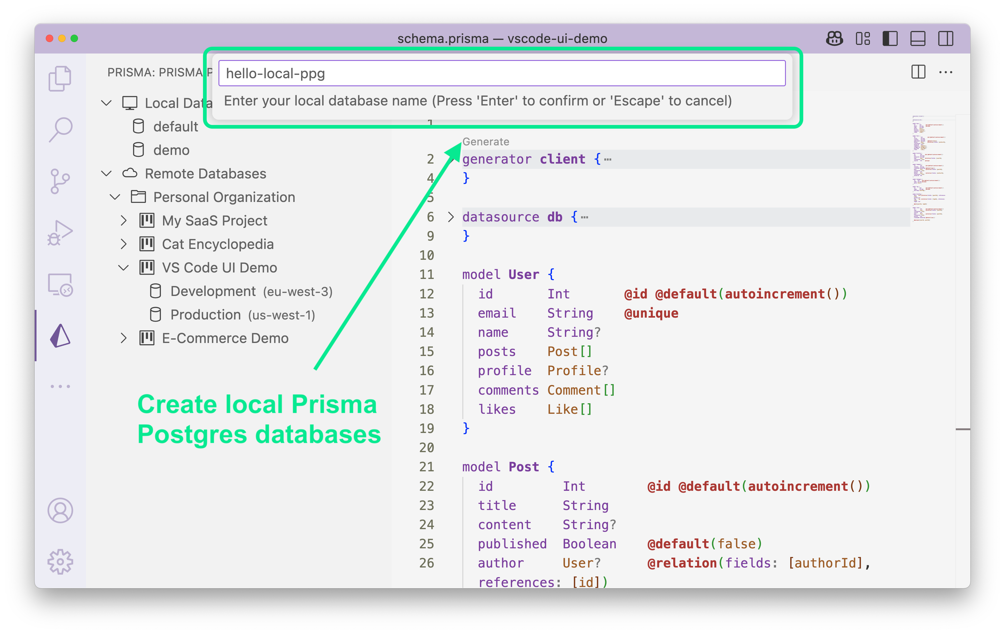 VS Code database UI showing multiple local Prisma Postgres instances