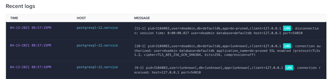 DigitalOcean Recent Logs section