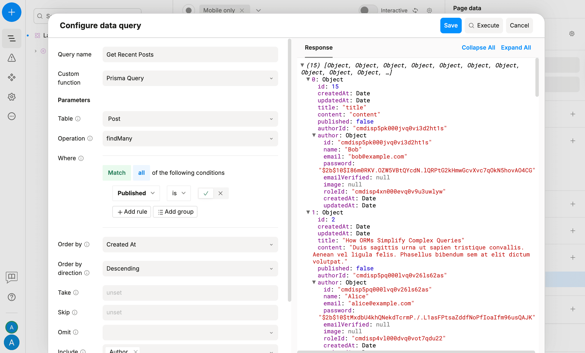 Query results preview