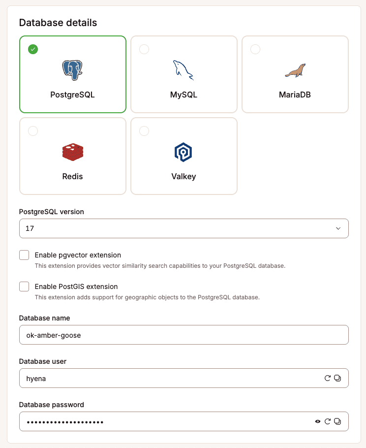 Create database interface in Sevalla