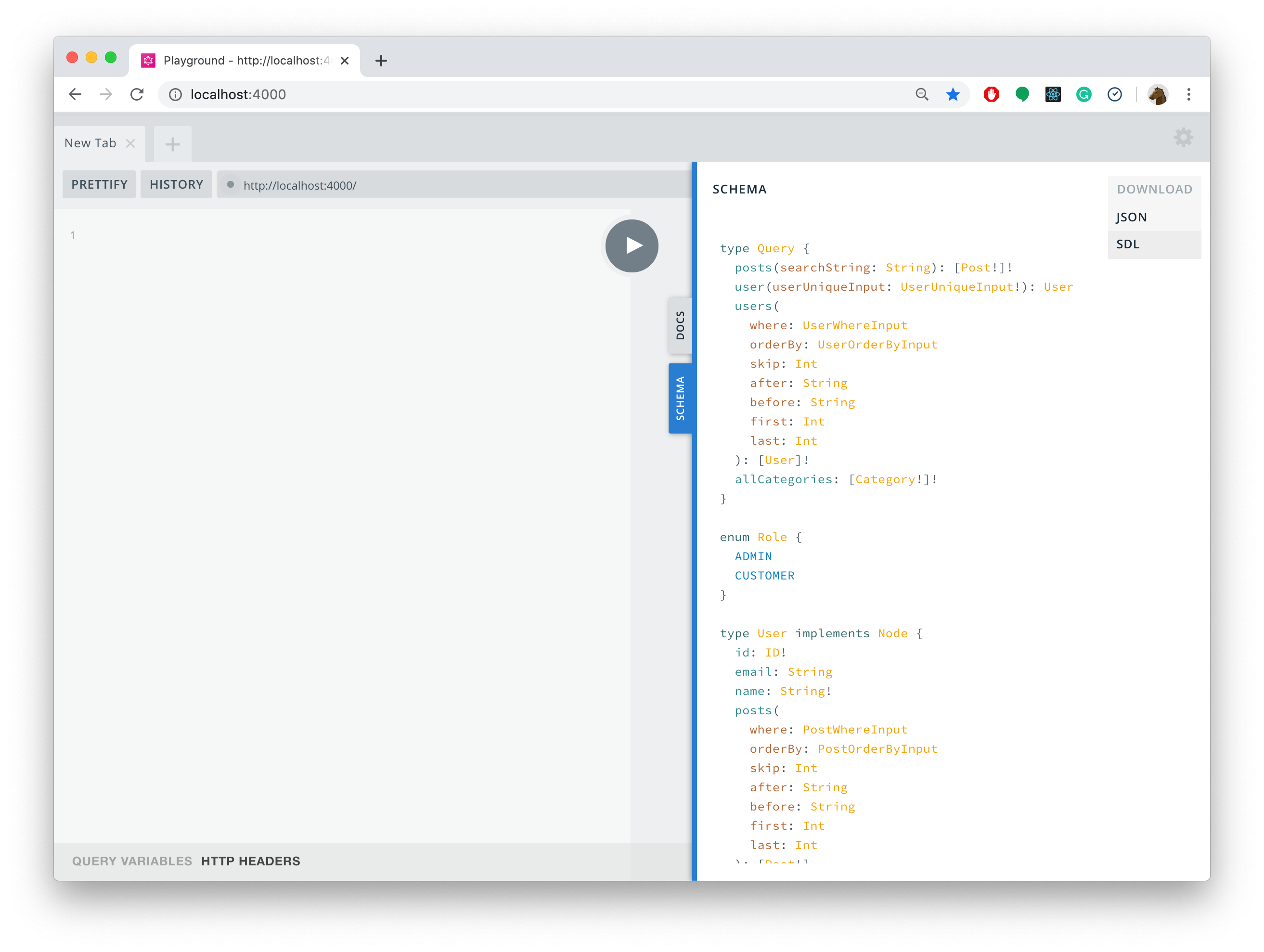 Downloading the GraphQL schema with GraphQL Playground