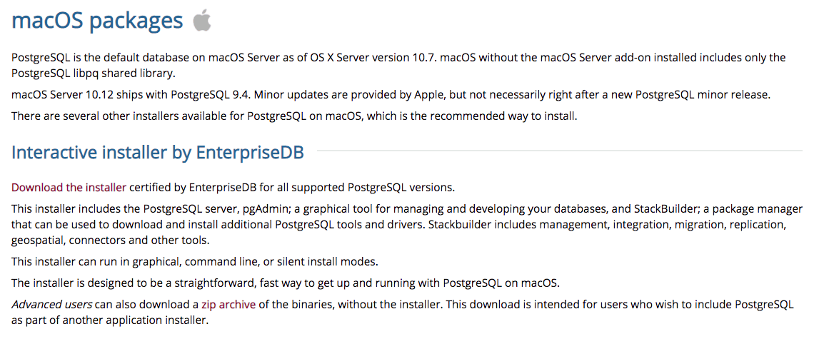 PostgreSQL initial download page