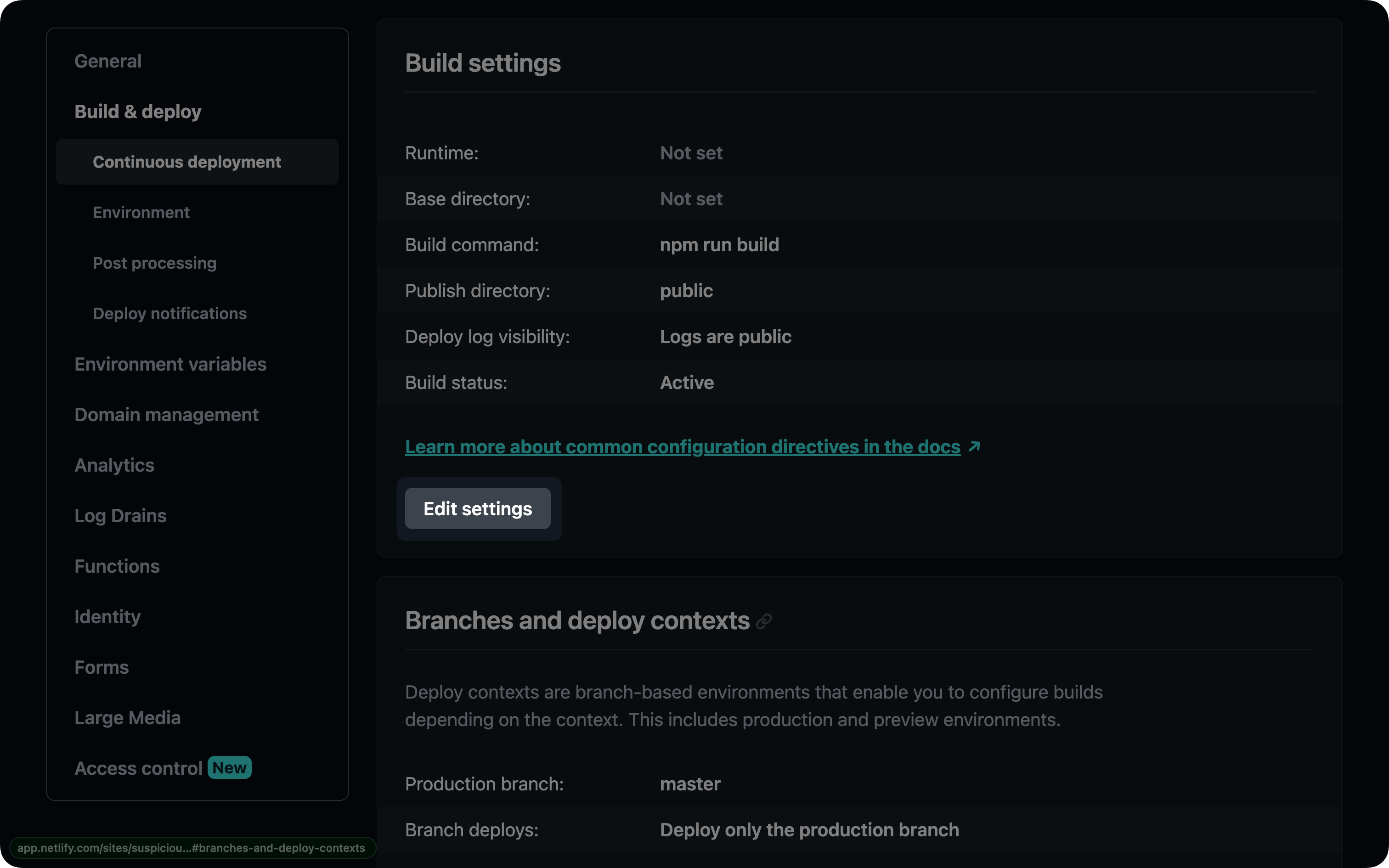 Netlify project dashboard&#39;s Build settings button