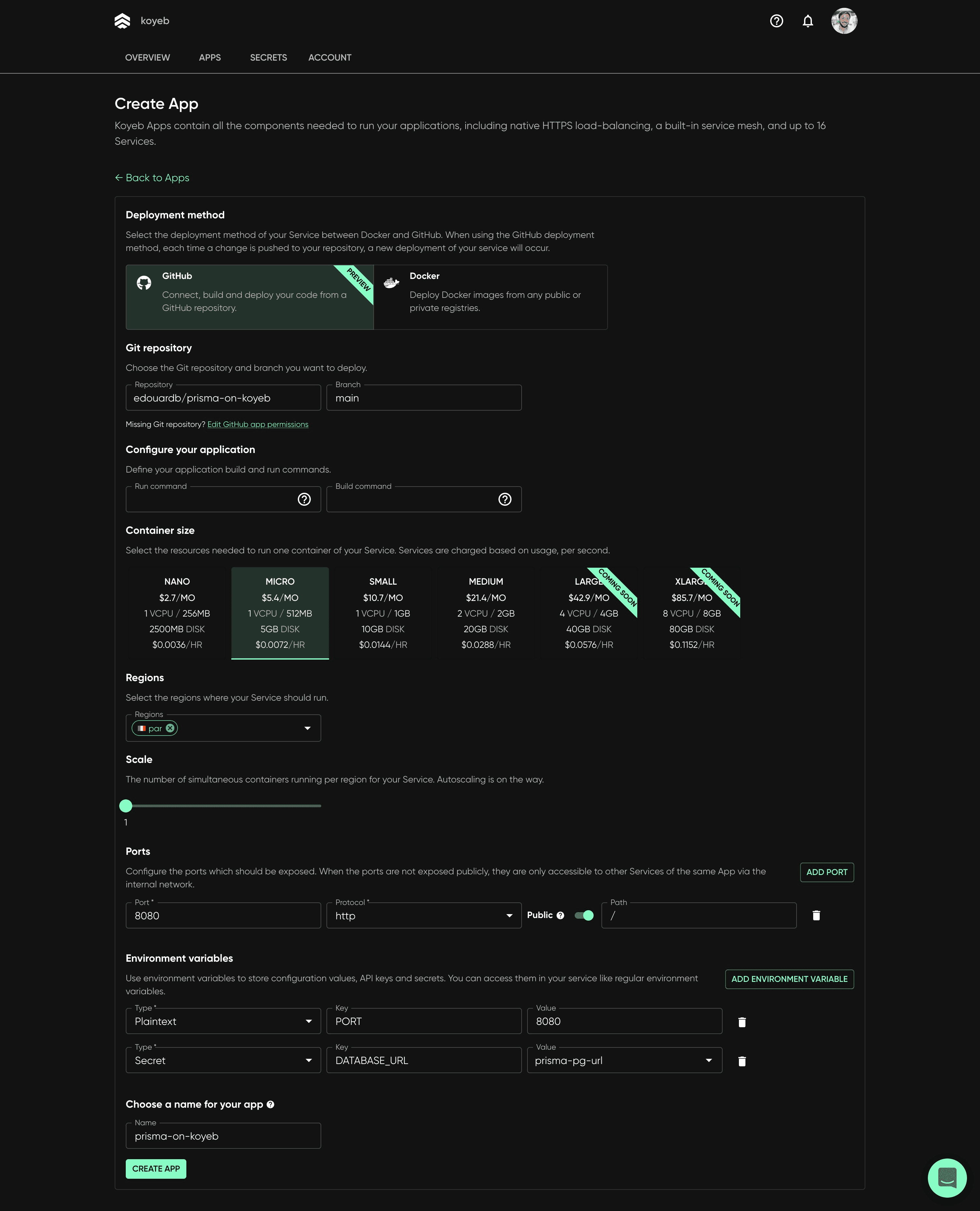 Koyeb app creation interface showing environment variables configuration and Create App button.