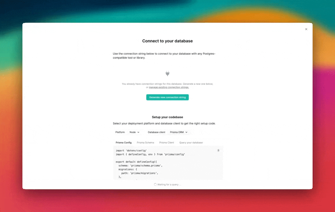 Animated walkthrough of generating a direct connection string in Prisma Console: navigating to the database, clicking Connect, generating a new connection string, and copying the result.