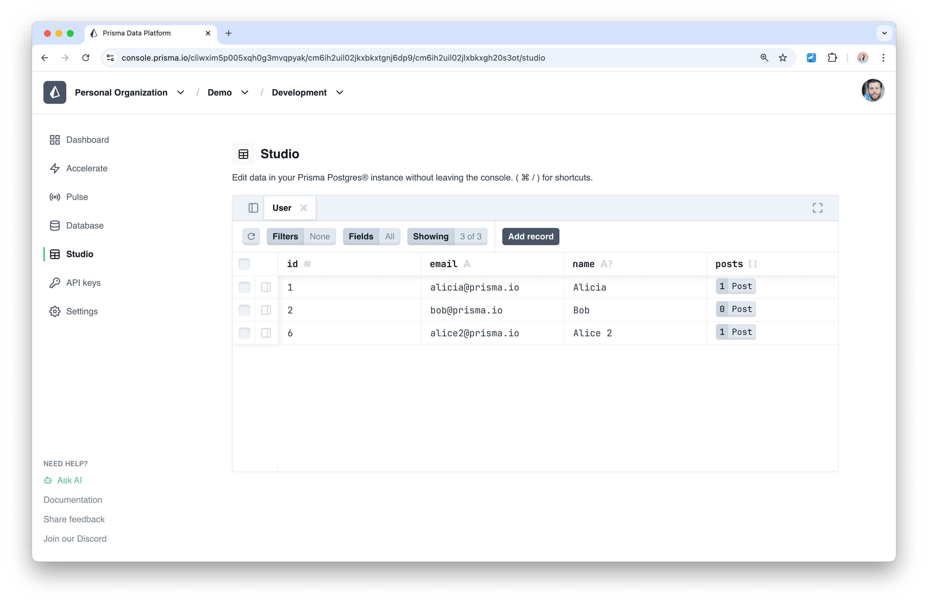 View of Prisma Studio open in the console.