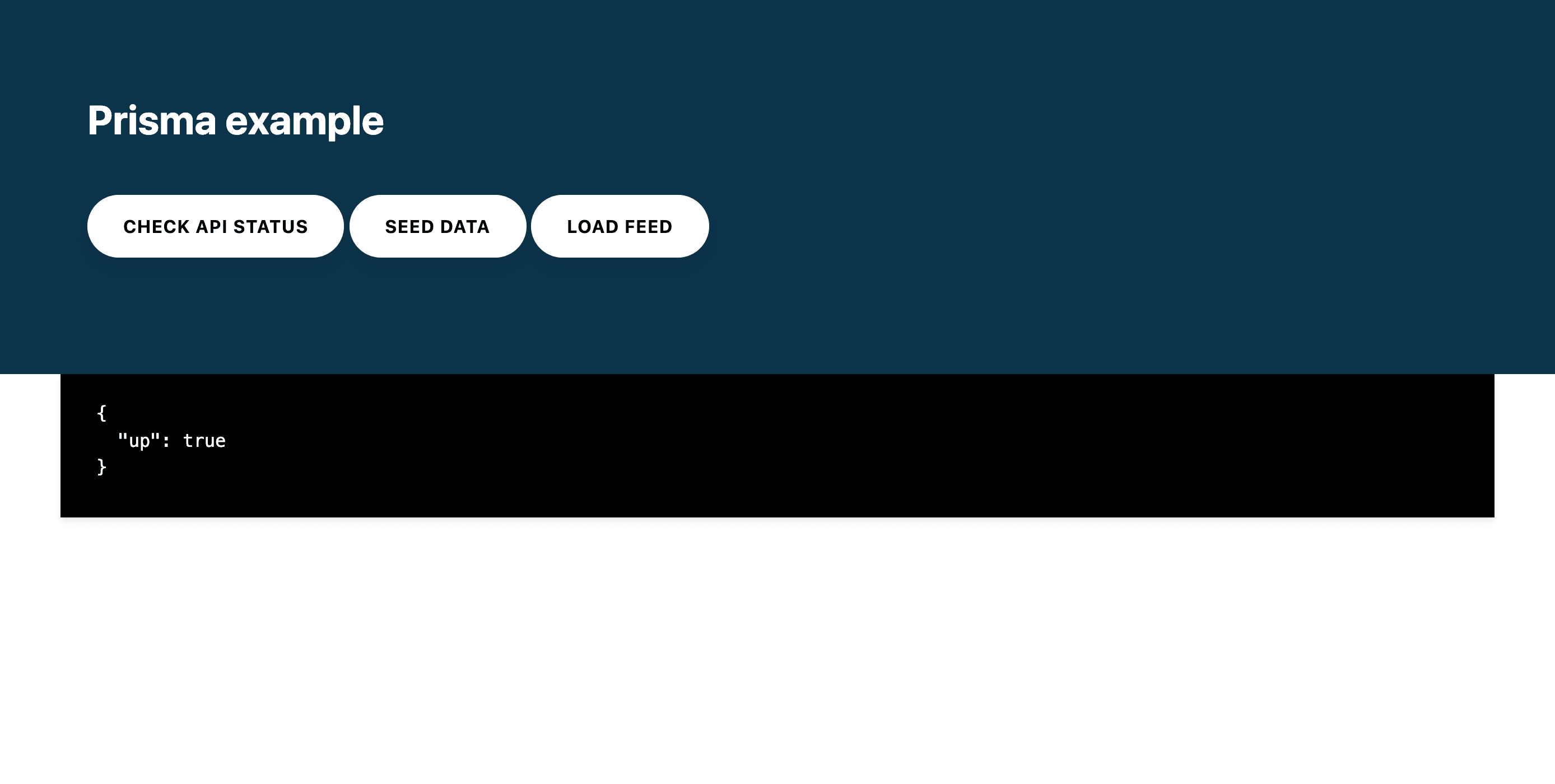 Deployed Prisma app frontend in browser showing Check API status, Seed data, and Load feed buttons.