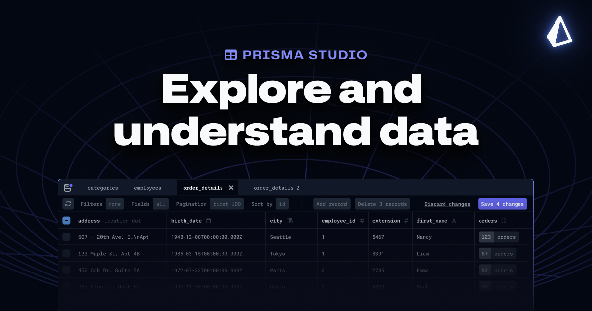 Prisma Studio data browser showing nested relations and inline editing